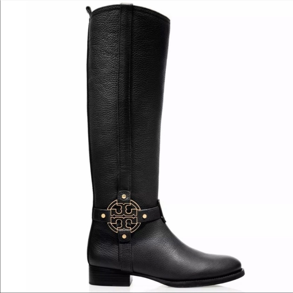Tory Burch Amanda Black Leather Tall Knee High Logo Riding Boots Size 9 M